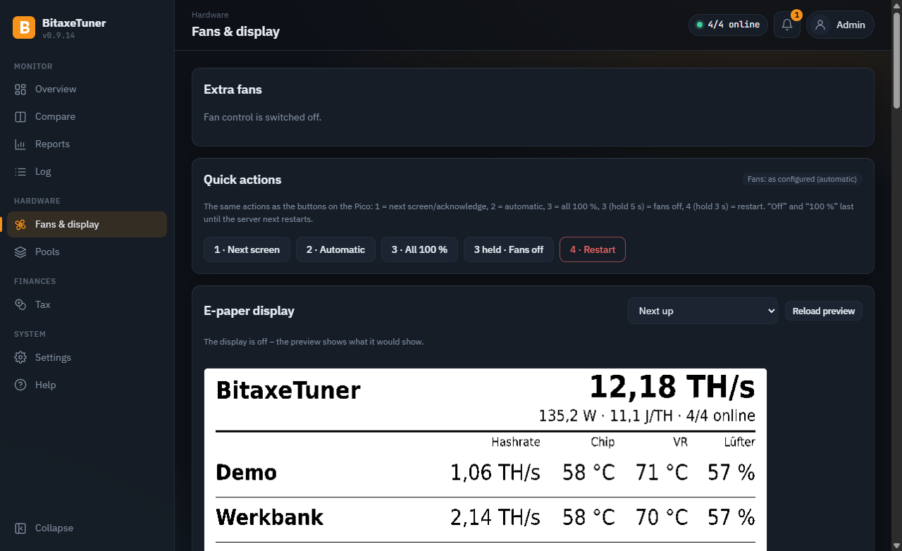 Fans and display page with fan channels and e-paper preview